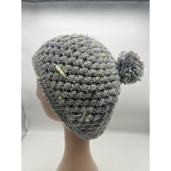 Soft Chunky Knit Gray Confetti Beanie Pom Pom Winter Hat Bohemian Hippie XXL - Picture 3 of 7